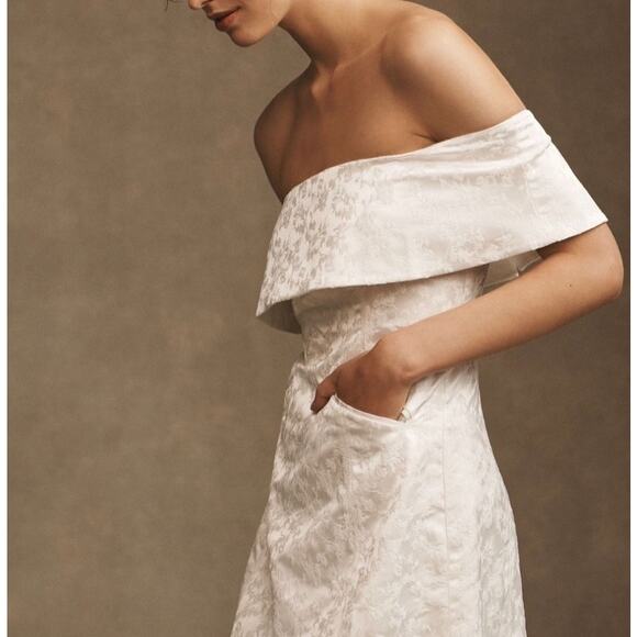 Anthropologie BHLDN Ingrid Stretch Mini Dress Off-Shoulder White Jacquard Size L - Picture 11 of 11